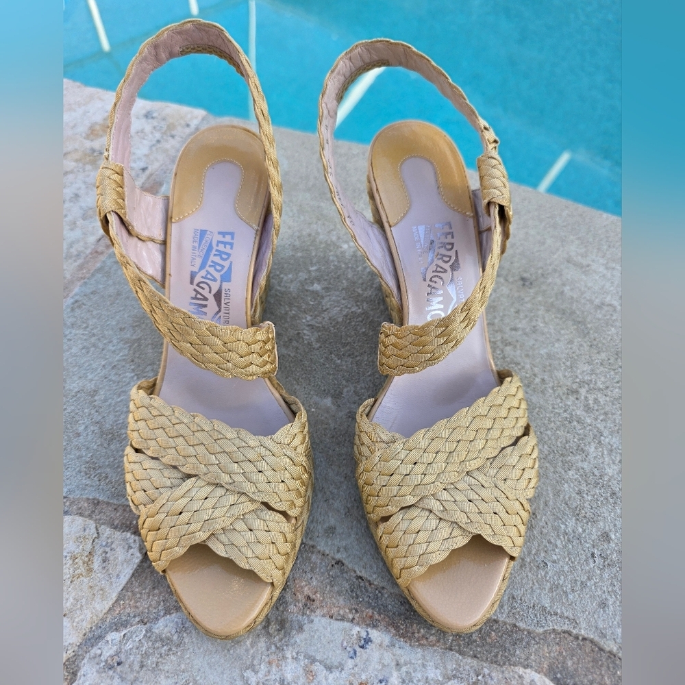 Salvatore Ferragamo Woven Neutral Wedge Sandals Made In Italy- SZ 8B